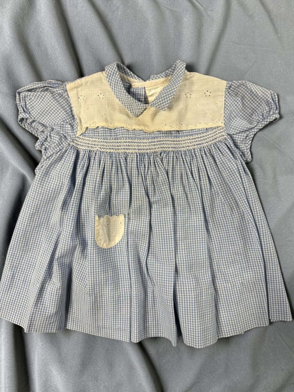 Vintage 60s 70s Sears Honeysuckle Gingham Baby Dress Blue Smocked Eyelet 6-12